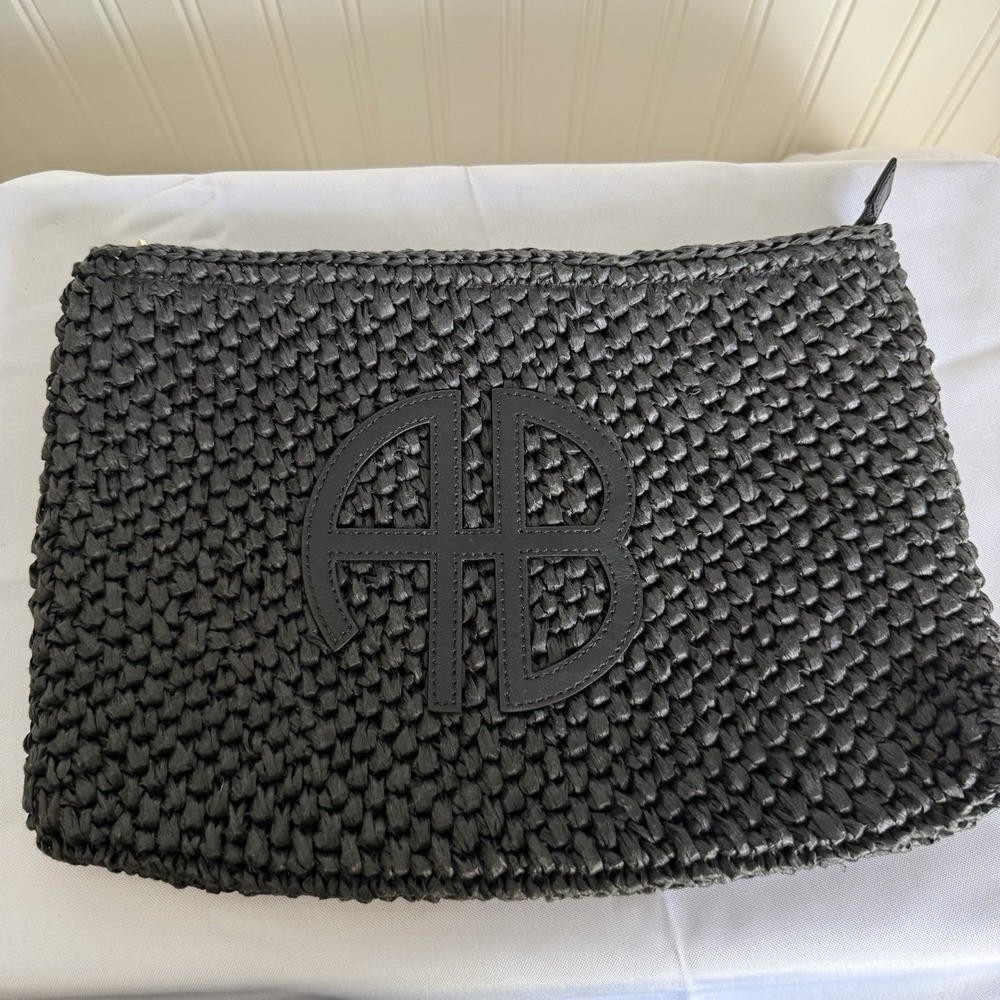 Anine Bing Black Raffia Straw Clutch Accessories Makeup Toiletry Bag Purse